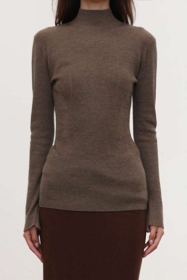 OUDE WAAG Fall/Winter 2025 Reversible Ribbed Wool Knit Top OW-OW-25AW-KT15W1BR430-HZ Gray-Brown